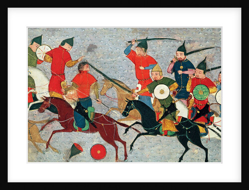 Ghenghis Khan in combat. Miniature from Jami al-tawarikh (Universal History), ca 1430 by Anonymous