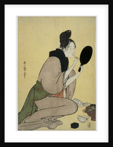 Bijin-ga. Girl applying makeup to her lips by Kitagawa Utamaro