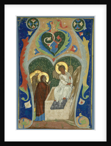 Three Maries and the Fiery Angel at the Tomb. Initial, ca 1310 by Anonymous