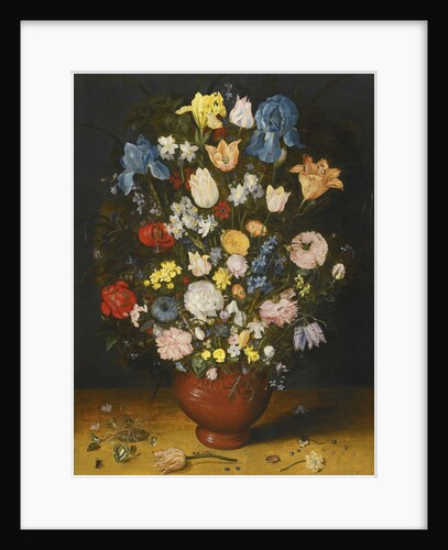 Still life with irises, tulips, roses, and narcissus in a ceramic vase, c.1600-1605 by Anonymous