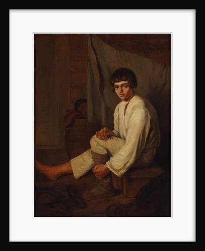 Boy putting bast shoe on, 1820s by Anonymous