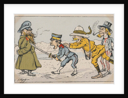 Japanese soldier challenging Russian soldier, urged on by an Englishman and Uncle Sam by Anonymous