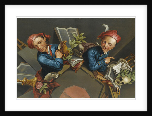 An anamorphic Trompe lOeil with a Vanitas still life by Anonymous