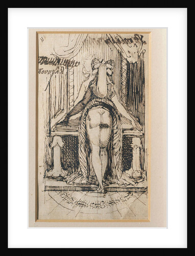Callipyga. Lady with raised skirts, standing in front of a dressing table with phallic supports by Anonymous