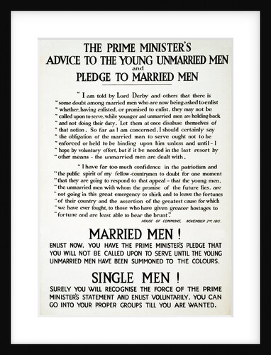 Recruitment Poster The Prime Minister's Advise to the Young Unmarried Men and Pledge to Married Men by Anonymous