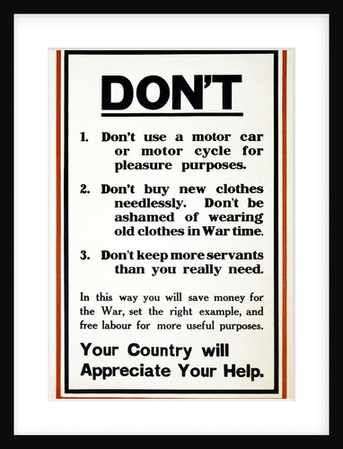 WW1 Poster appealing to the public to support the war effort by being frugal, 1917 by Anonymous