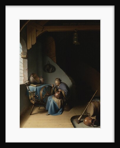 An elderly woman at her spinning wheel, eating porridge by Anonymous