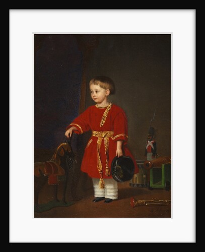 Portrait of a boy in a red dress with military toys by Anonymous