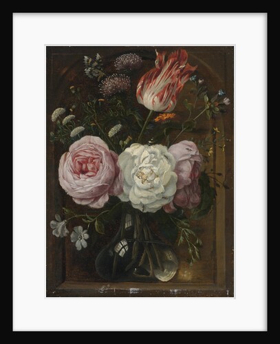 Flower still life with a tulip and roses in a glass vase by Anonymous