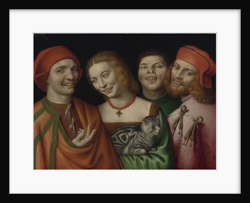 Three men with a woman holding a cat by Anonymous