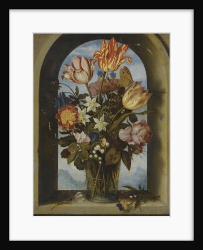 tulips, moss-roses, lily-of-the-valley and other flowers in a glass beaker set in an arched stone wi by Anonymous