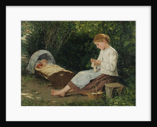 Knitting girl watching the toddler in a craddle by Anonymous