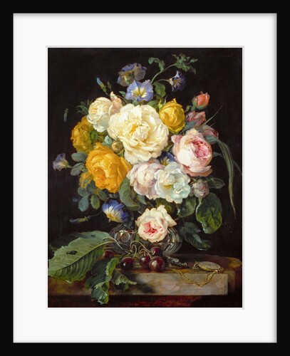 Still life with peonies, cherries and a pocket watch by Anonymous