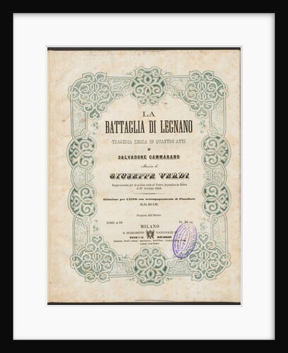 Cover of the vocal score of opera La battaglia di Legnano by Giuseppe Verdi, 1860 by Anonymous
