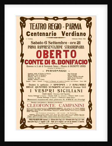 Poster for the opera Oberto conte di San Bonifacio by Giuseppe Verdi in Teatro Regio di Parma, 1913 by Anonymous