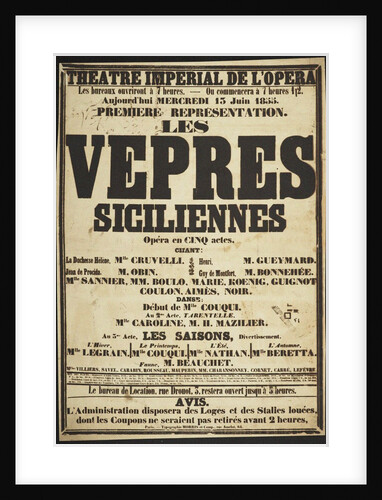 Premiere Poster for the opera Les Vêpres siciliennes by Giuseppe Verdi in Théâtre impérial de lOpér by Anonymous