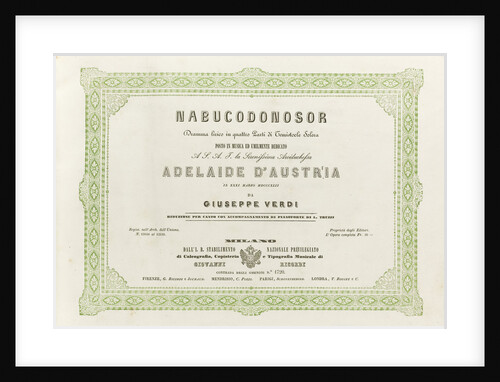 Cover of the score of the opera Nabucco by Giuseppe Verdi, 1842 by Anonymous