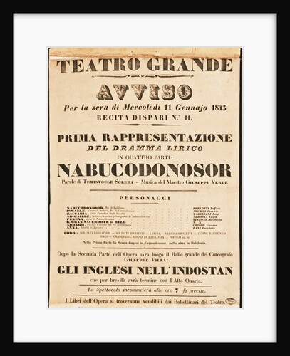 Poster for the opera Nabucco by Giuseppe Verdi in Teatro Grande on 11 January 1843, 1843 by Anonymous