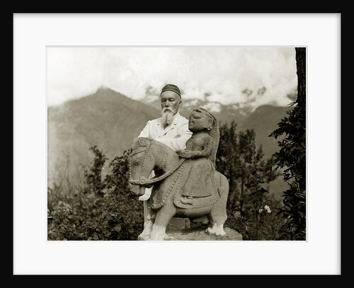 Nicholas Roerich by the equestrian statue of Guga Chauhan at the Kullu Valley, 1932-1933 by Anonymous