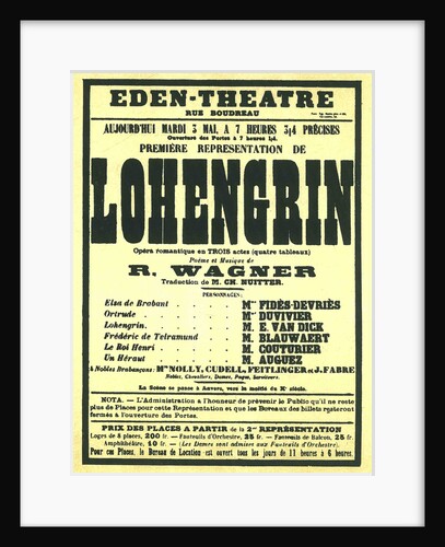 Premiere Poster for the opera Lohengrin by Richard Wagner in the Éden Théâtre, Paris, 1887 by Anonymous
