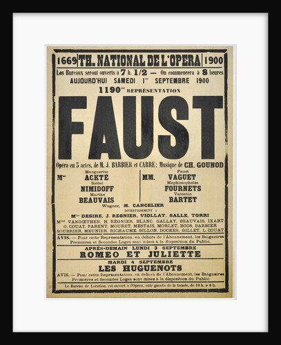 Poster for the Opera Faust by Charles Gounod at the Théâtre national de lOpéra, September 1900, 1 by Anonymous