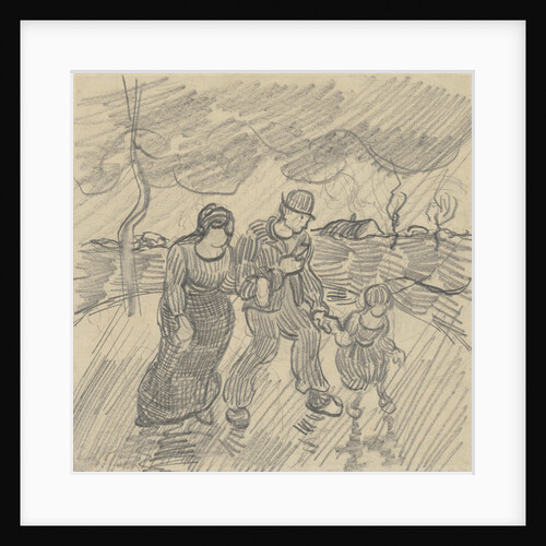 Strolling couple with child on a road in the rain, 1890 by Anonymous
