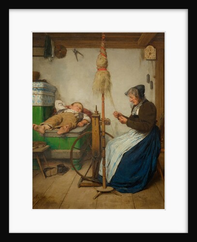 Grandmother at a spinning wheel and a sleeping boy on an oven bench, 1883 by Anonymous