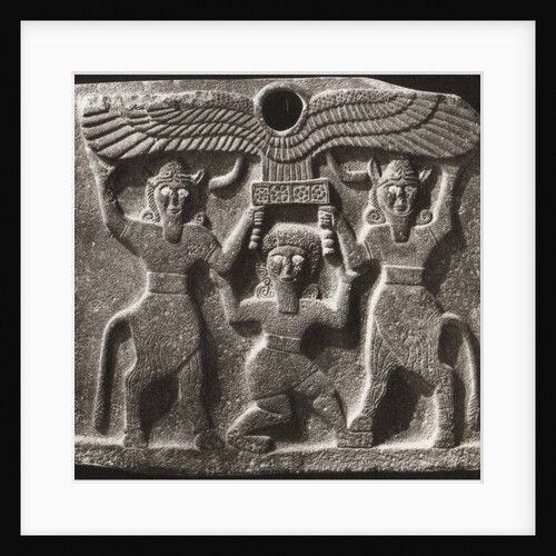 Orthostates depicting Gilgamesh between two minotaur demigods holding up the sun disc by Anonymous