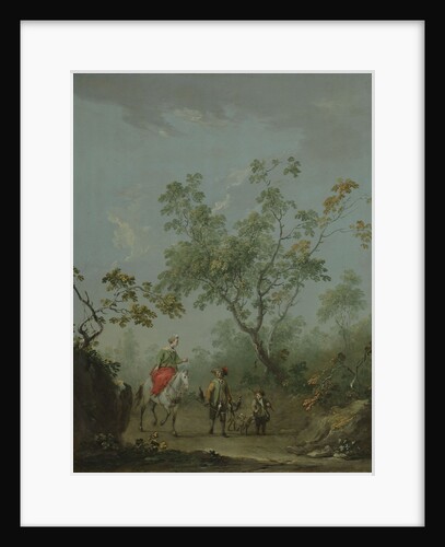 Forest landscape with a lady on horseback, a falconer and a huntsman by Anonymous