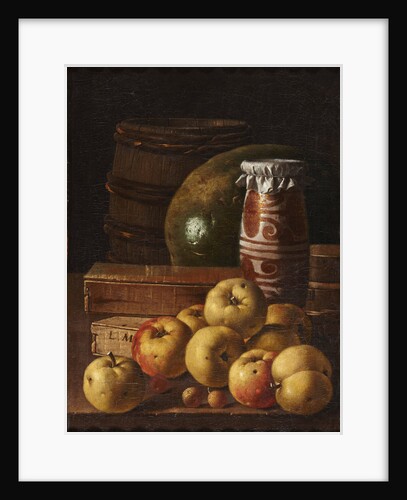 Still life with apples, strawberries, watermelon, box of sweets, jar of honey and barrel, Mid of the by Anonymous