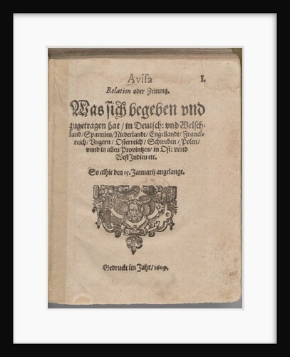 Aviso. Relation oder Zeitung. Title page of the first edition, 1609 by Anonymous