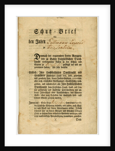 Letter of Protection for Callmann Lazarus from Friesenheim in Baden, 1777 by Anonymous