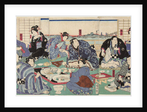 Sumo wrestler Sakaigawa Namiemon (to the left), with other sumo wrestlers and geishas at a party by Anonymous