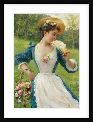 Young beauty with a basket of roses, by Anonymous