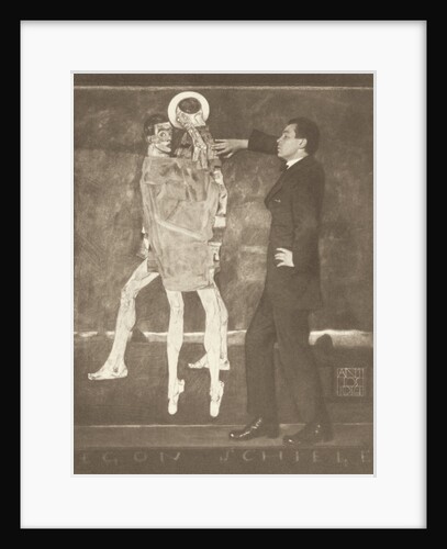 Egon Schiele by the sketch of an unfinished fresco, 1914 by Anonymous
