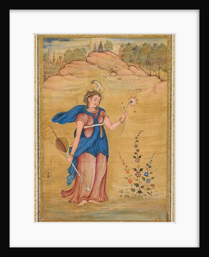 A female figure standing in a landscape holding a four-stringed 'khuuchir' and a lotus, c. 1590 by Unknown