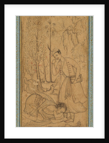 A Holy Man Prostrating Himself Before a Learned Prince, c. 1585; border added probably 1700s by Manohar and Basavana (attributed to)