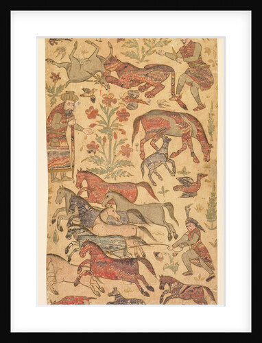 A marbled picture of Rustam catching Rakhsh, c. 1650 by Shafi (attributed to)