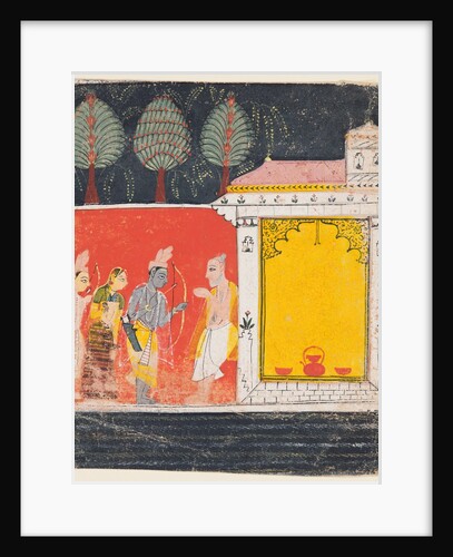 A page from a Ramayana: A night scene of Rama, Lakshman and Sita before the rishi…, c. 1650 by Unknown