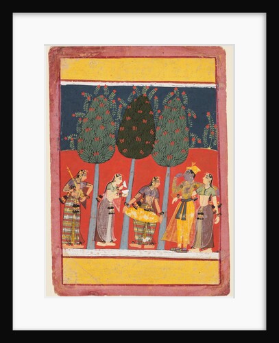 A page from a Rasikapriya series: Krishna and Radha and the Sakhis with musical instruments, c. 1650 by Unknown