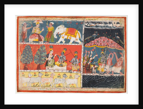 A page from the Bhagavata Purana: Indra sends a torrent of rain; Krishna lifts Mt. Govardhana, 1686 by Unknown