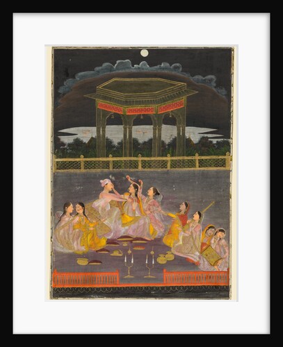 A prince celebrating Holi with palace women on a terrace at night; verso: calligraphy of a quatrain, by Unknown
