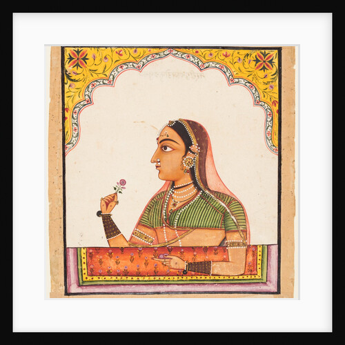From a series of female portraits: A lady at a jharoka window holding a rose, c. 1730 by Unknown