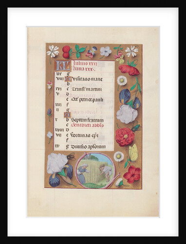 Hours of Queen Isabella the Catholic, Queen of Spain: Fol. 8r, July - Harvesting Wheat, c. 1500 by Master of the First Prayerbook of Maximillian