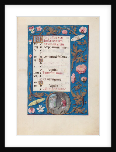 Hours of Queen Isabella the Catholic, Queen of Spain: Fol. 9r, August - Threshing Wheat, c. 1500 by Master of the First Prayerbook of Maximillian