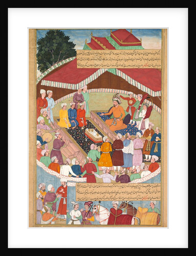 Hulagu Khan giving a feast and dispensing favor upon the amirs and princes…, c. 1596-1600 by Lal; Dharam Das; Padarath