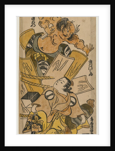 Ichikawa Monnosuke as a Courtesan and Nakajima Mioemon Bursting Out of a Barrel, c.early 1720s by Torii Kiyomasu