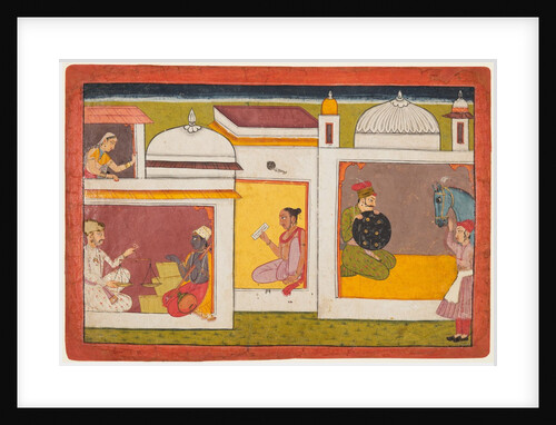 Inside a building, Madhava sits facing a man holding a scale, from a Madhavanala…, c. 1700 by Unknown
