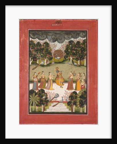 Malar Ragini: Krishna Playing the Flute to Seven Gopis Holding Musical Instruments…, c. 1760 by Unknown