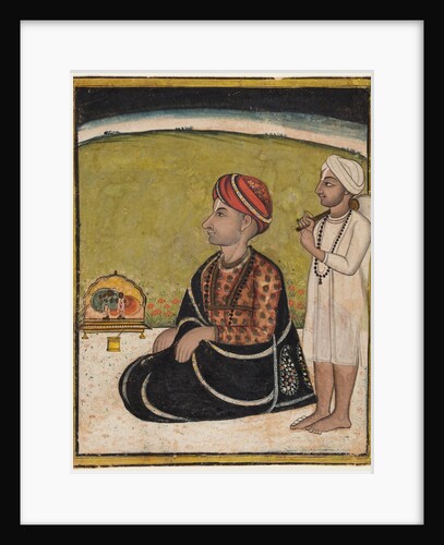 Noble seated on an outdoor parapet worshiping a shrine of Krishna fluting, c. 1800 by Unknown